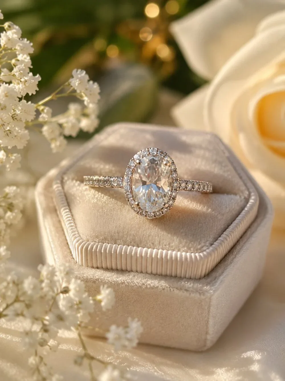 Oval Halo Moissanite and Diamond Engagement Ring, 14K Solid White Gold, Size: 10